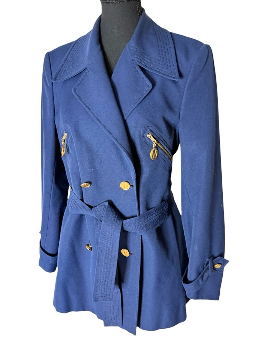 BOUTIQUE VALENTINO Vintage 60’s 70’s Double Breasted Navy Blue Trench Coat Sz 14
